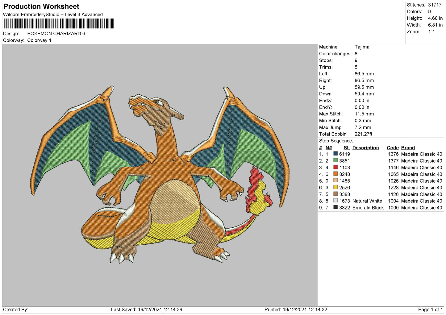 Pokemon Charizard Embroidery File 4 size