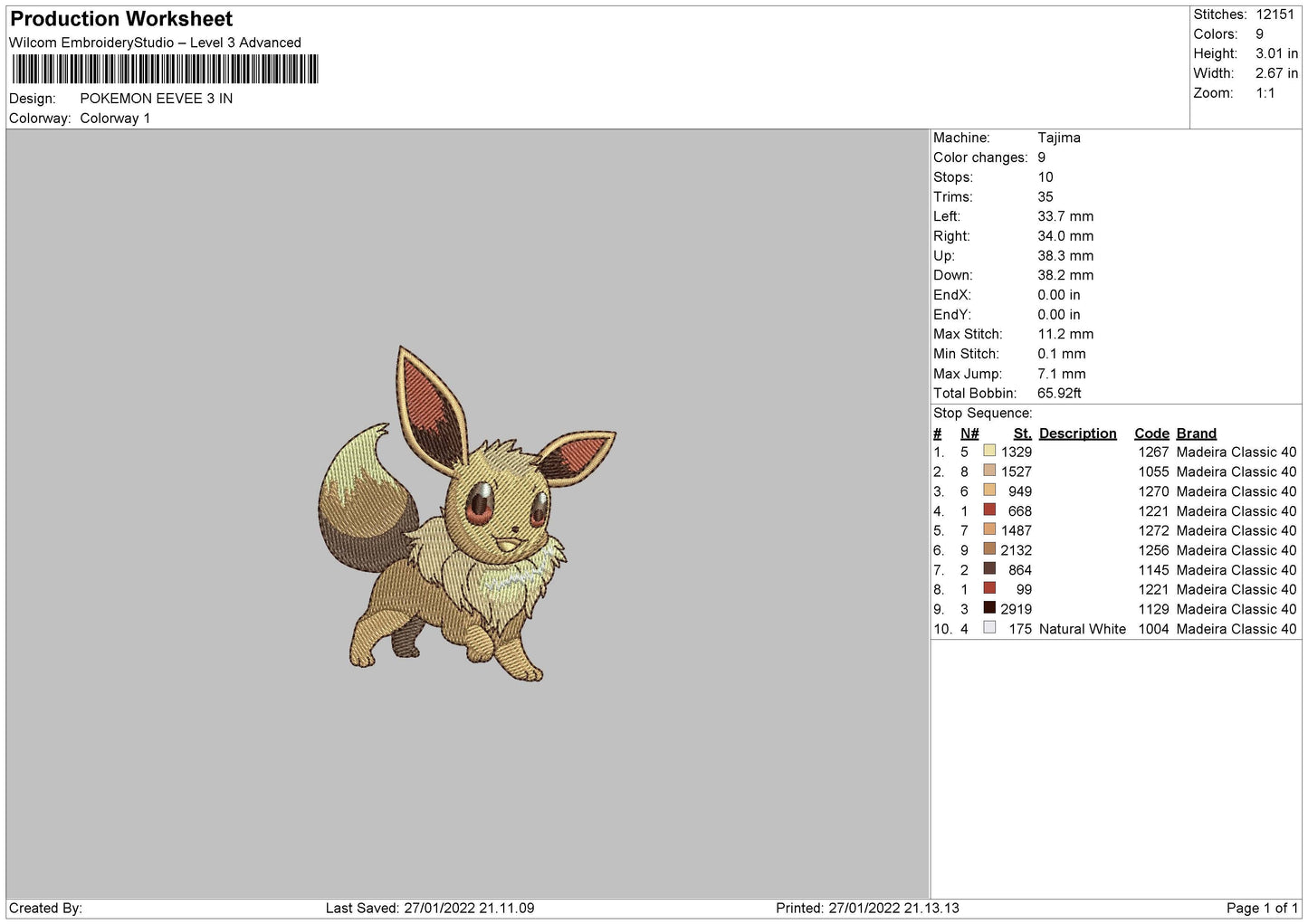 Pokemon Eevee Embroidery File 4 size