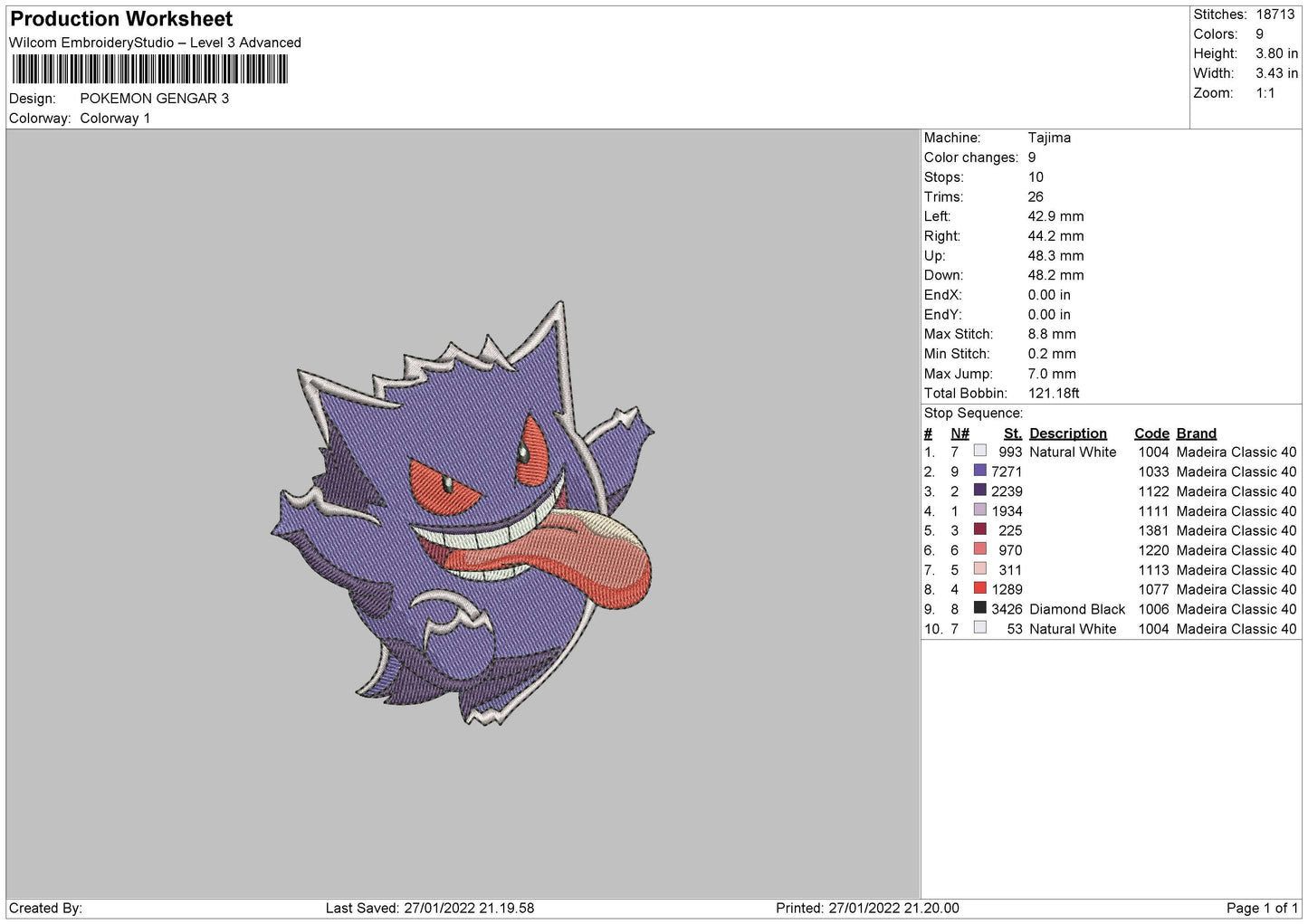 Pokemon Gengar Embroidery File 4 size