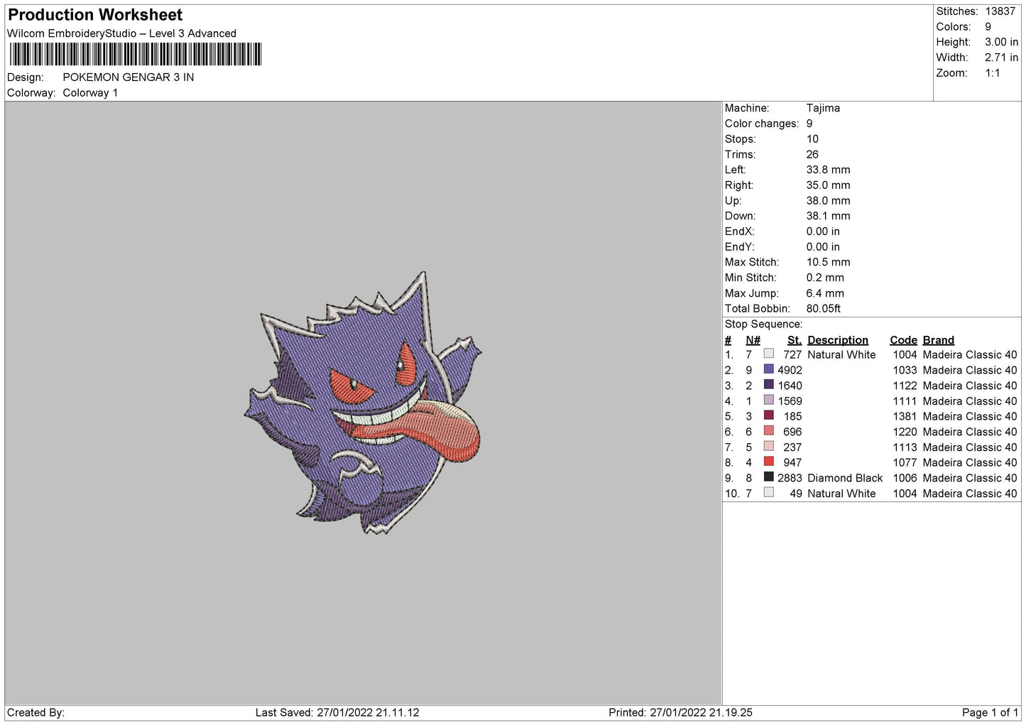 Pokemon Gengar Embroidery File 4 size
