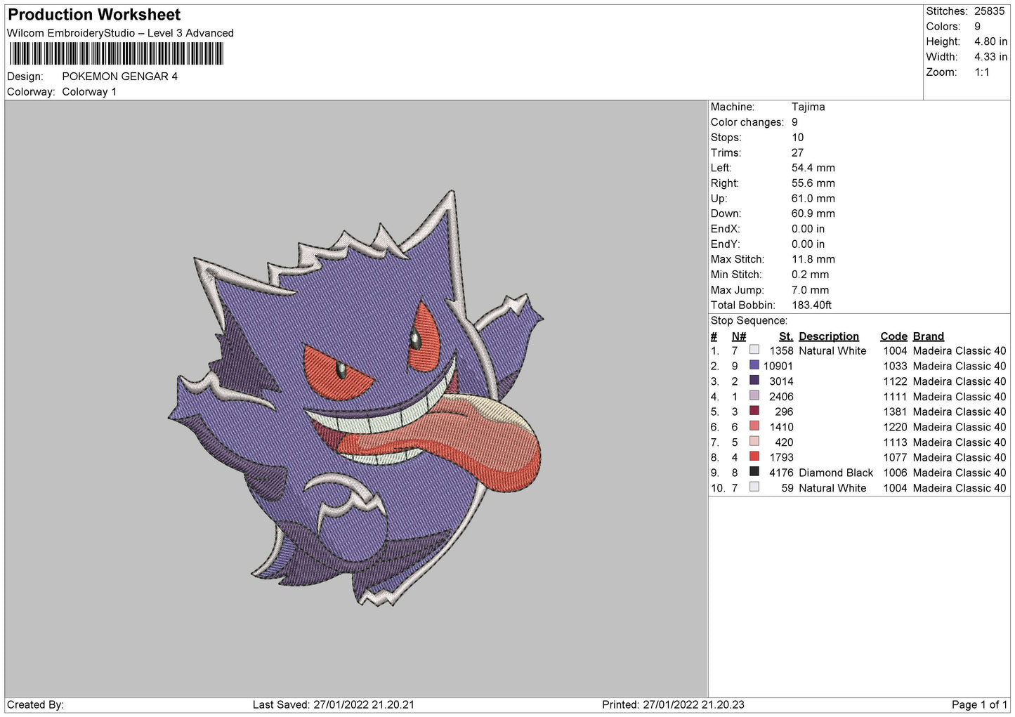 Pokemon Gengar Embroidery File 4 size