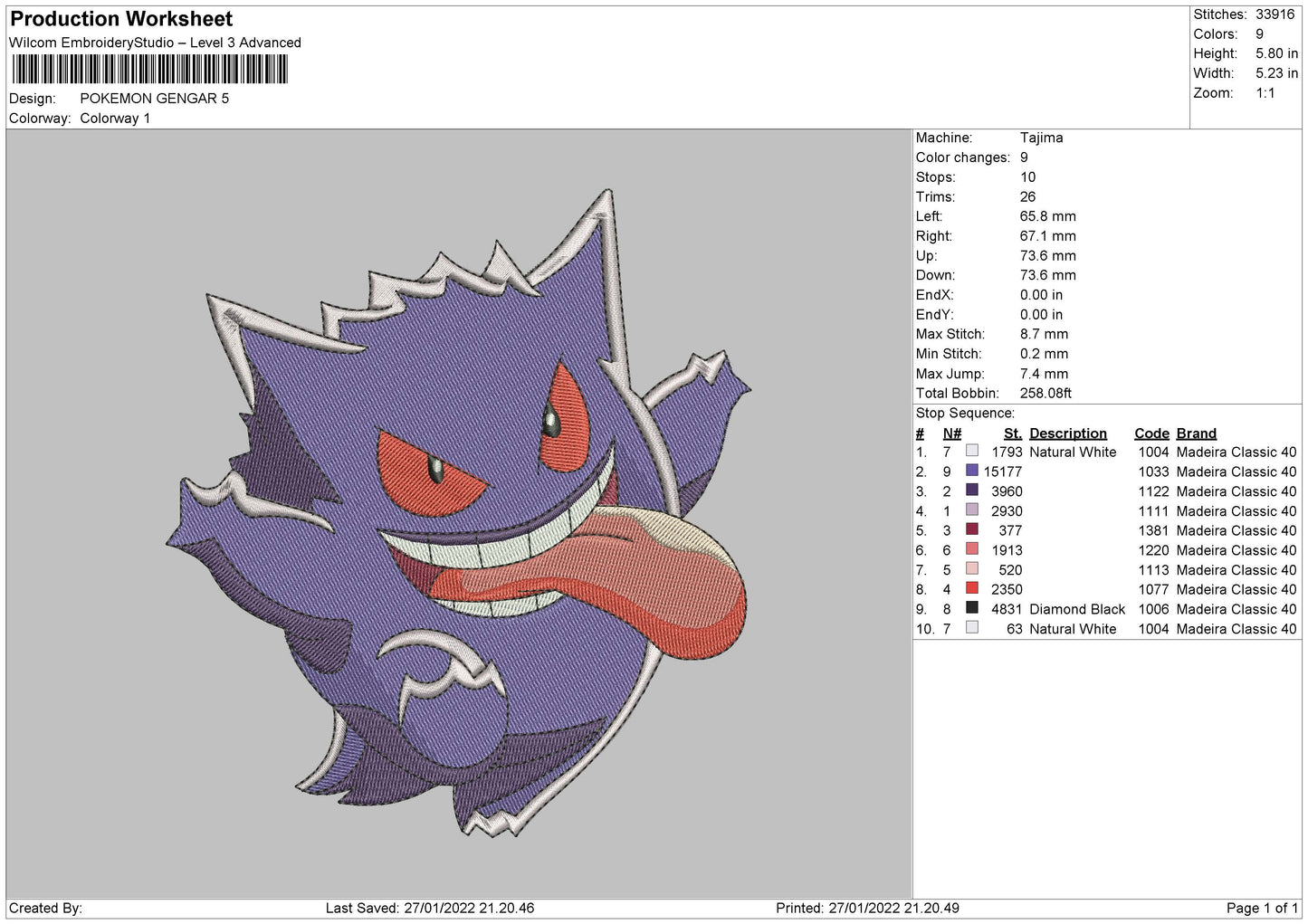 Pokemon Gengar Embroidery File 4 size