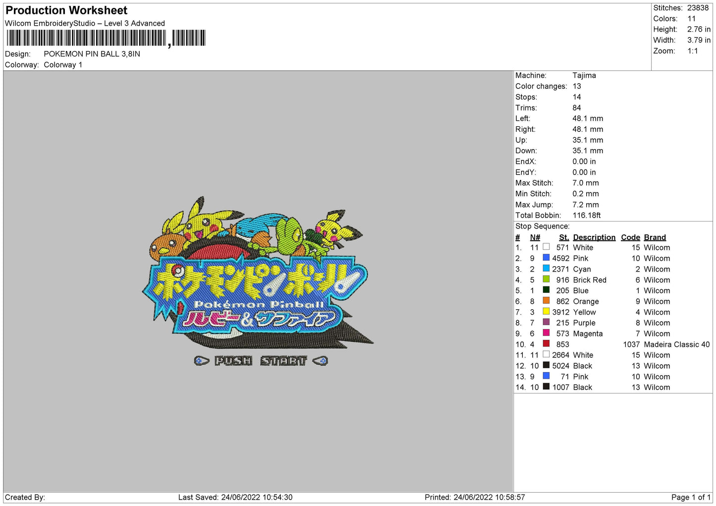 Pokemon Pin Ball Embroidery File 4 size
