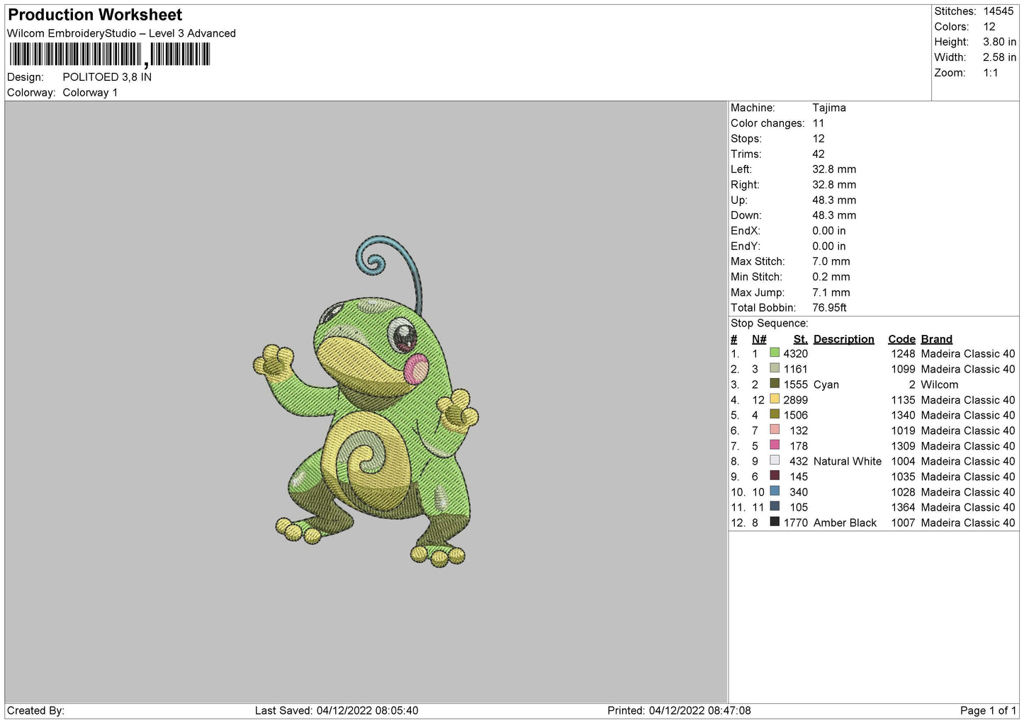 Politoed Embroidery File 6 sizes