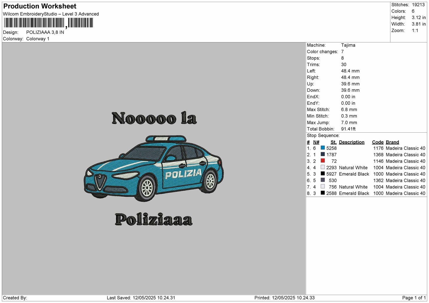 Polizia Car Embroidery File 6 sizes