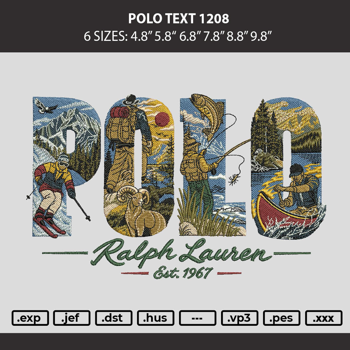 Polo Text 1208 Embroidery Machine Design File 6 sizes