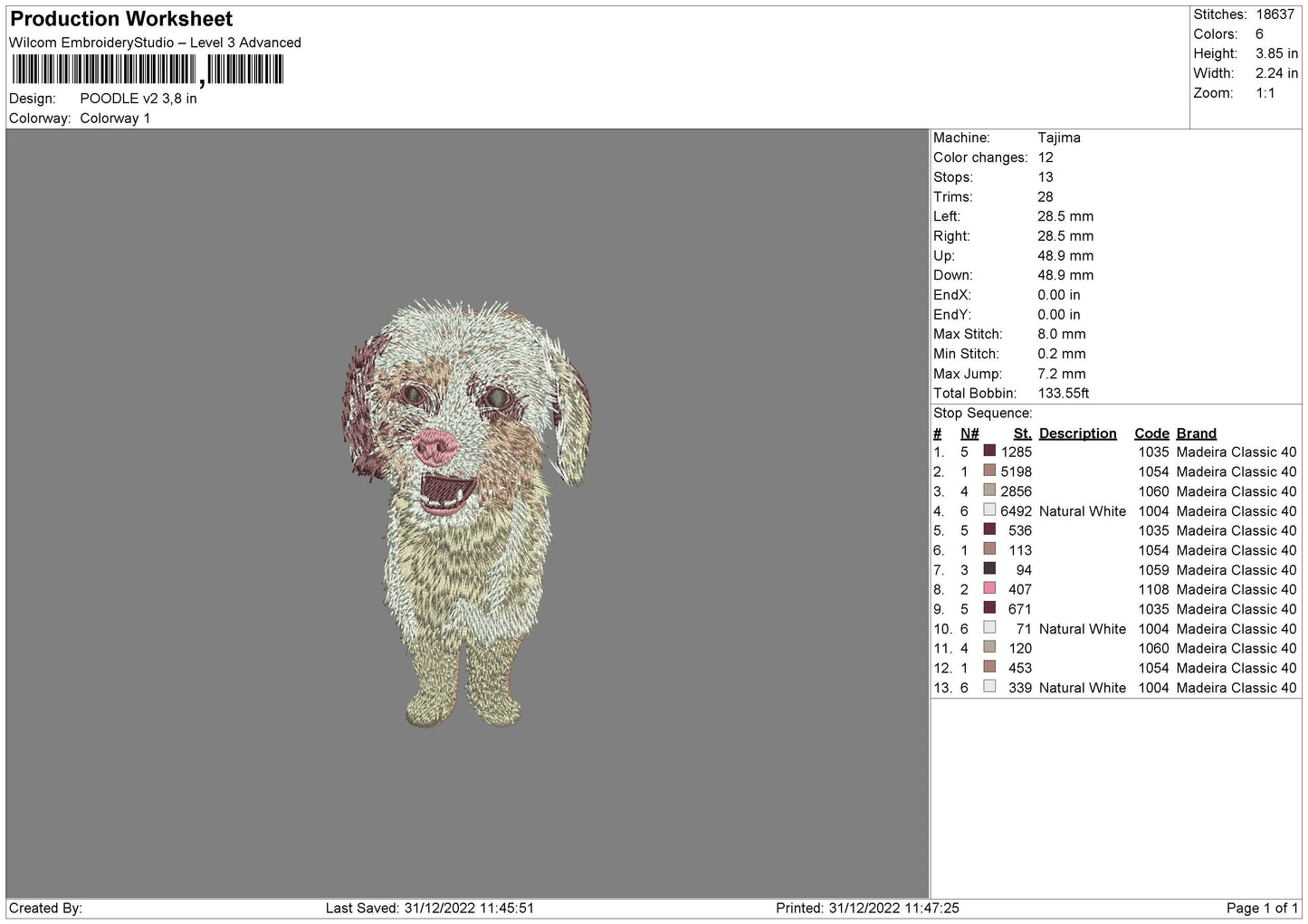 Poodle V2 Embroidery File 6 sizes