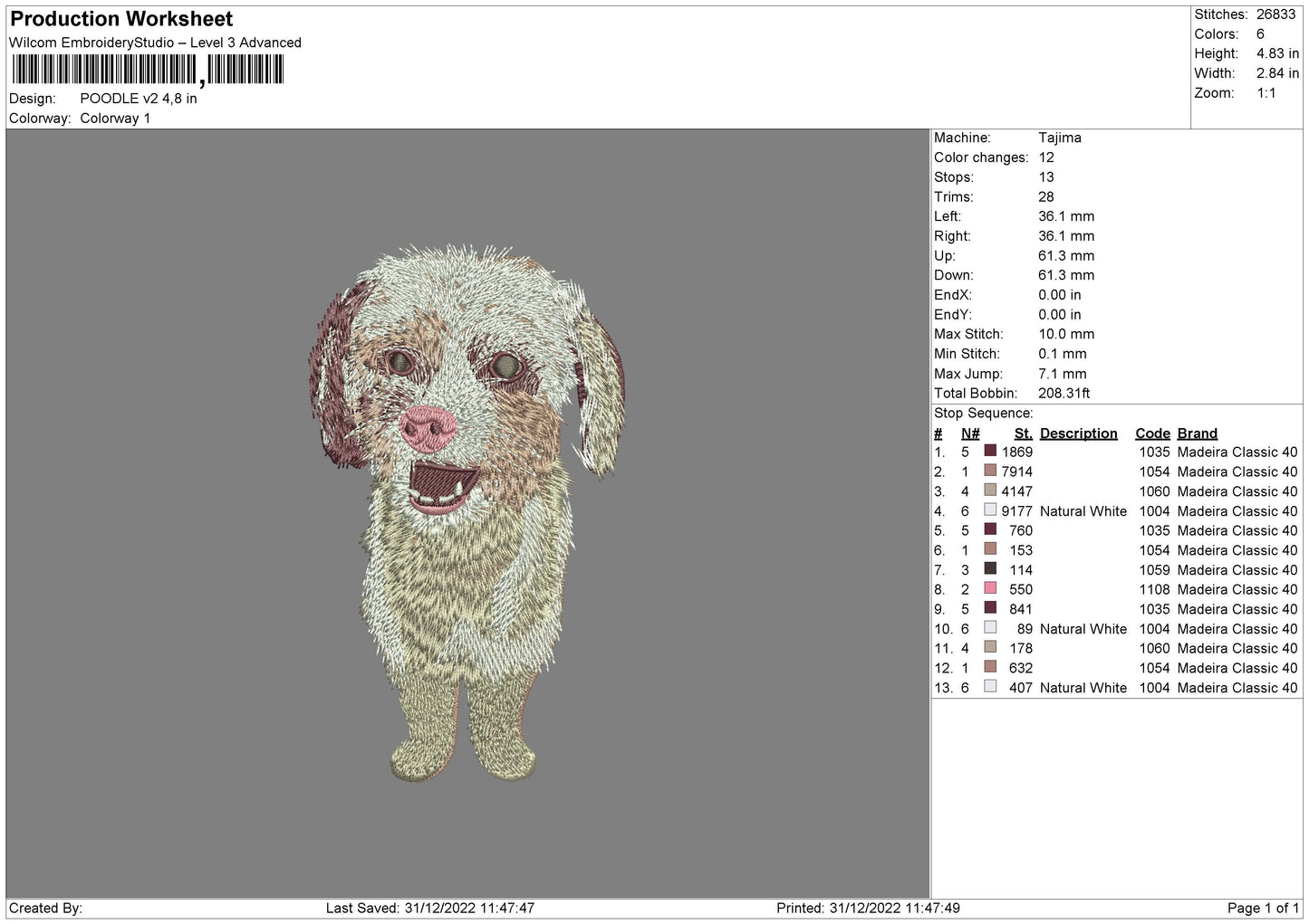 Poodle V2 Embroidery File 6 sizes