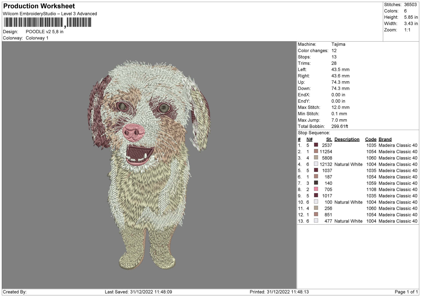 Poodle V2 Embroidery File 6 sizes