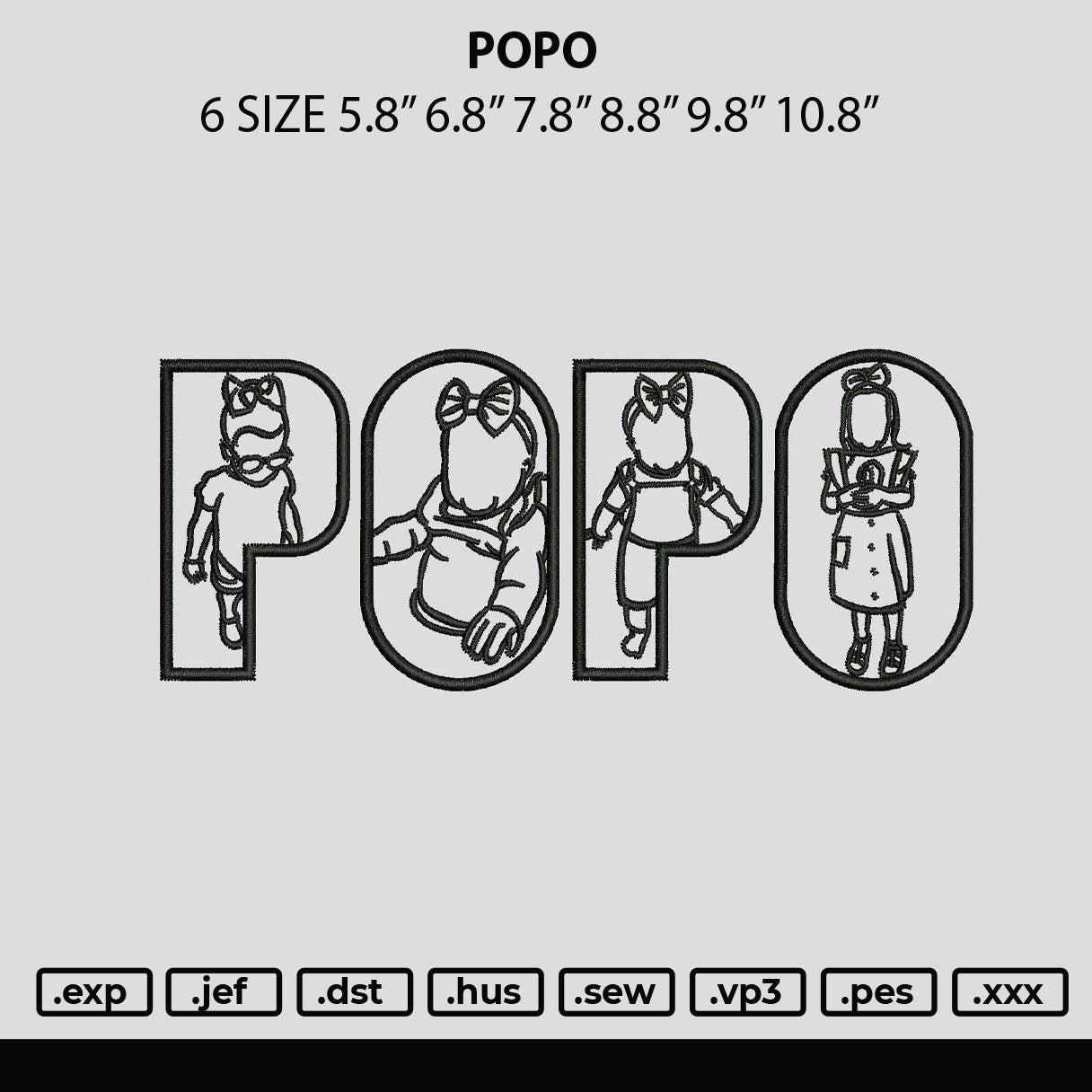 Popo Embroidery File 6 sizes