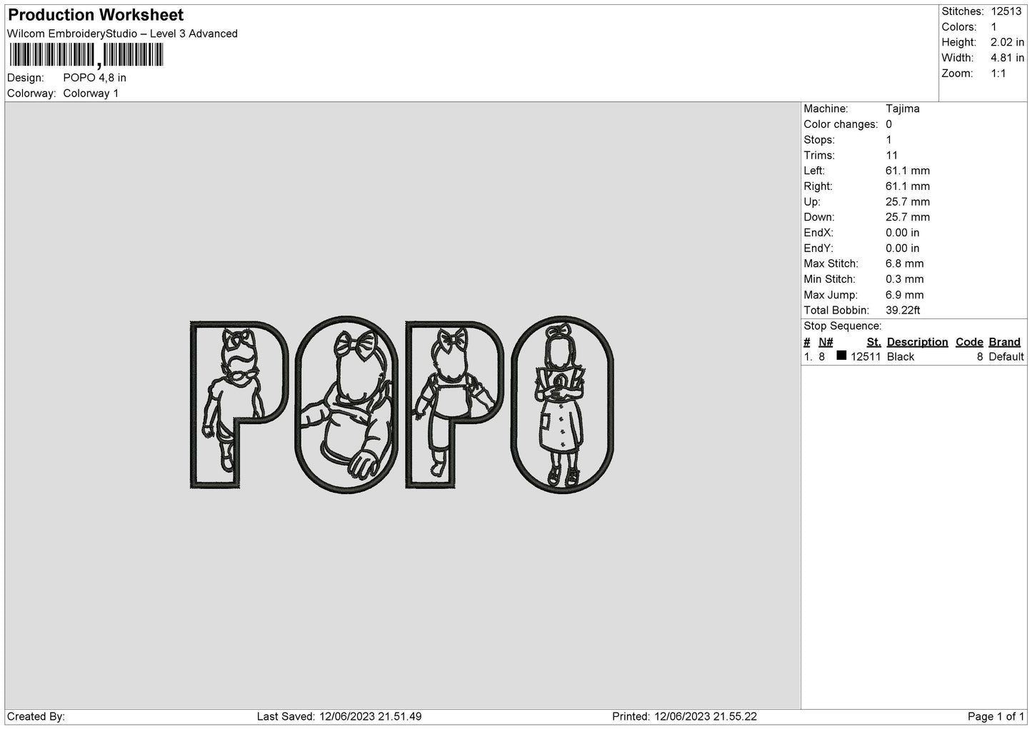 Popo Embroidery File 6 sizes