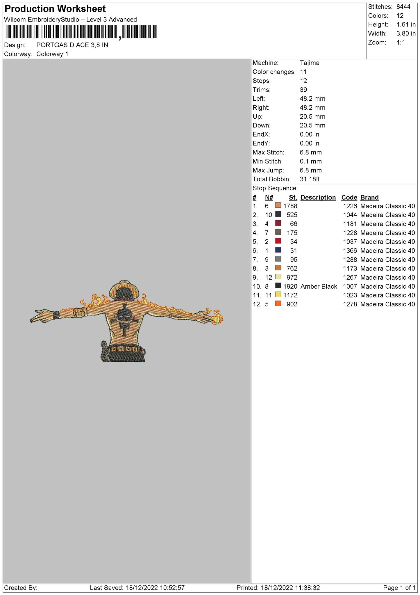 Portgas D Embroidery File 6 sizes