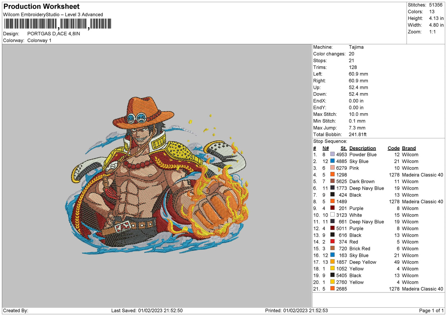 Portgas D Embroidery File 6 sizes