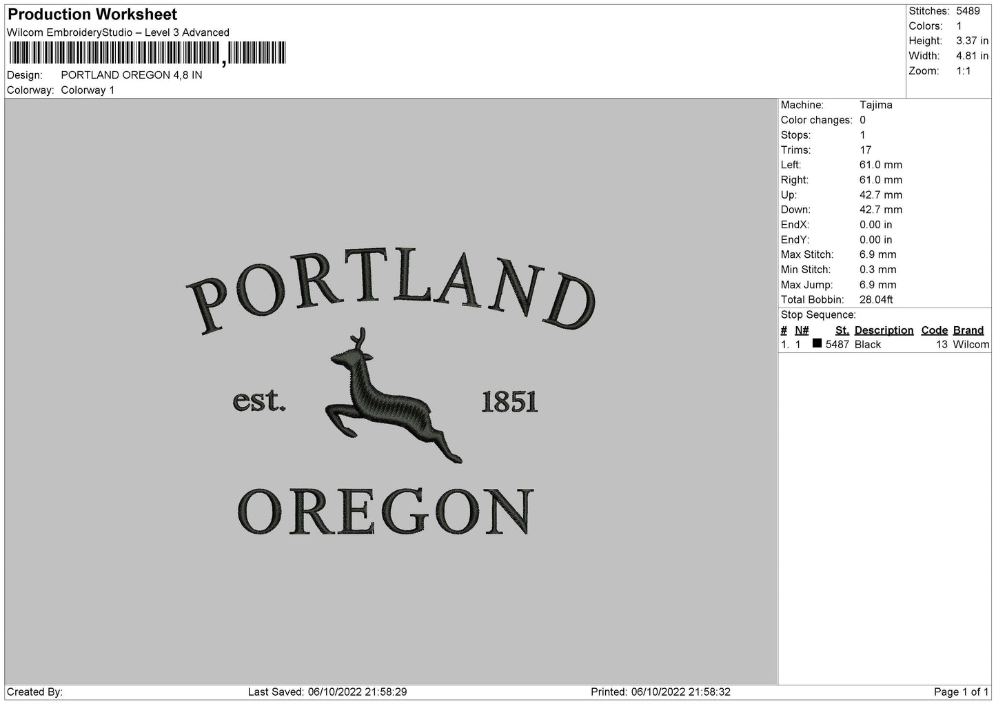 Portline Oregon Embroidery File 6 sizes