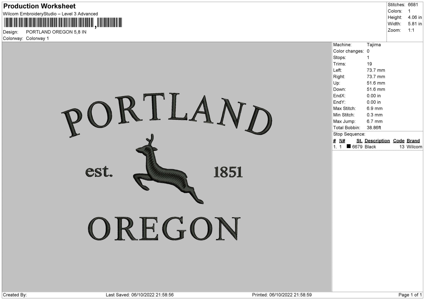 Portline Oregon Embroidery File 6 sizes