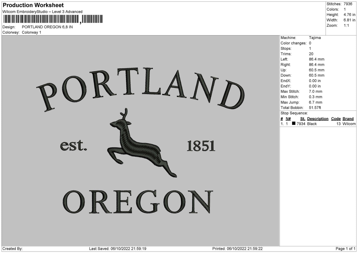 Portline Oregon Embroidery File 6 sizes