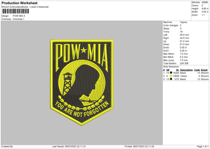 Pow Mia Embroidery File 6 sizes
