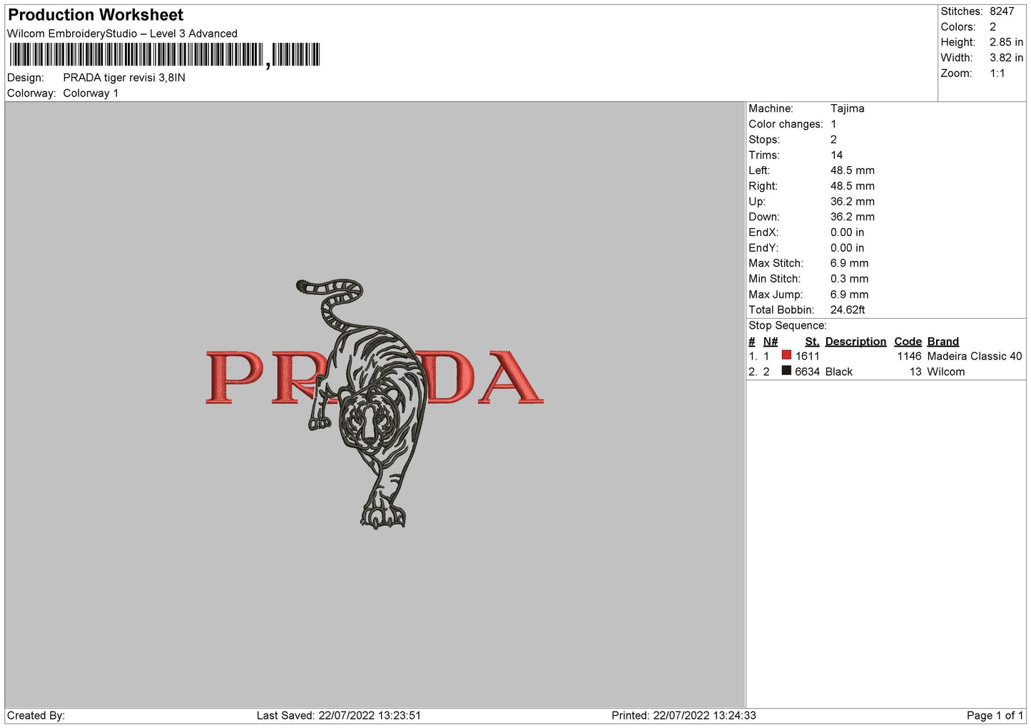 Prada Tiger Embroidery File 4 sizes