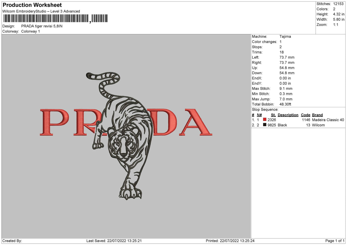 Prada Tiger Embroidery File 4 sizes