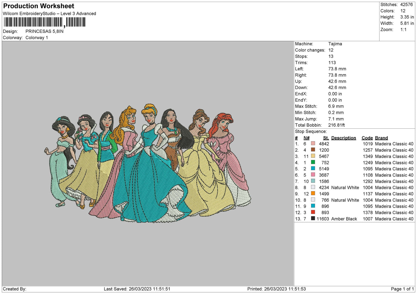 Princess Embroidery File 6 sizes