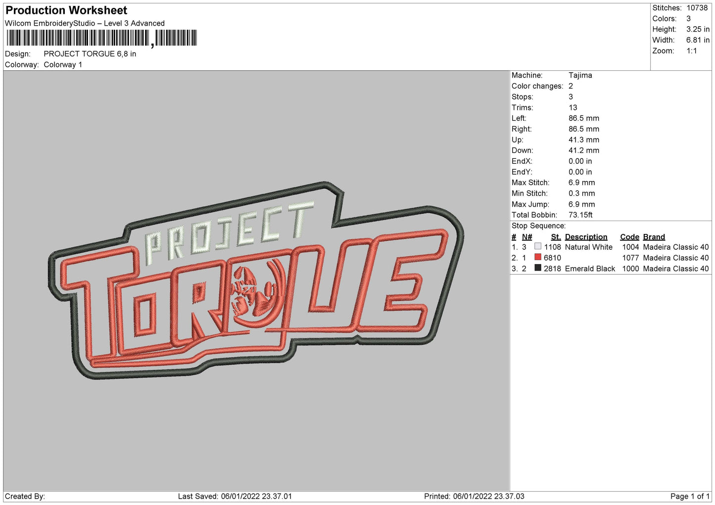 Project Torgue Embroidery File 4 size