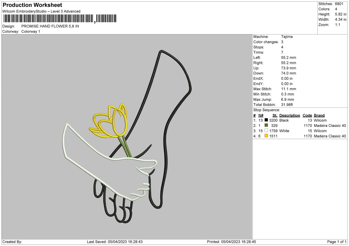 Hand Flower Embroidery File 6 sizes