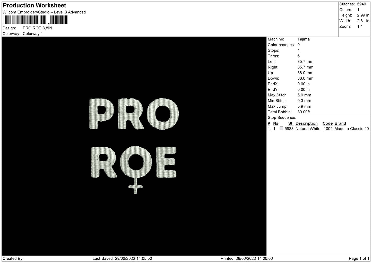 Pro Roe Embroidery File 4 sizes