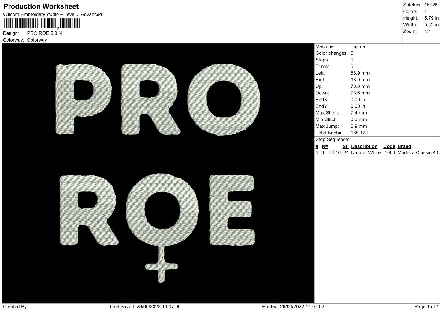 Pro Roe Embroidery File 4 sizes