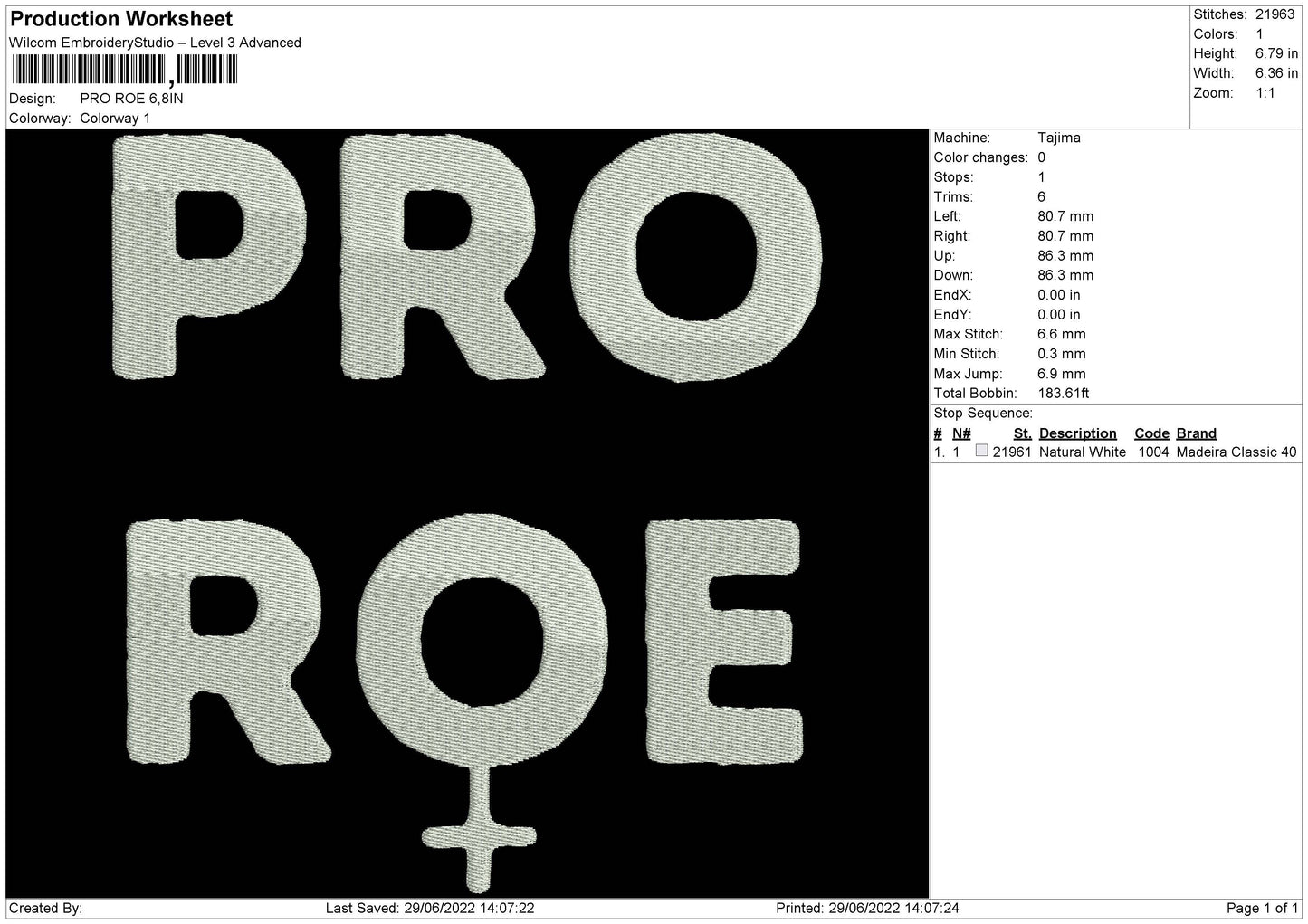 Pro Roe Embroidery File 4 sizes