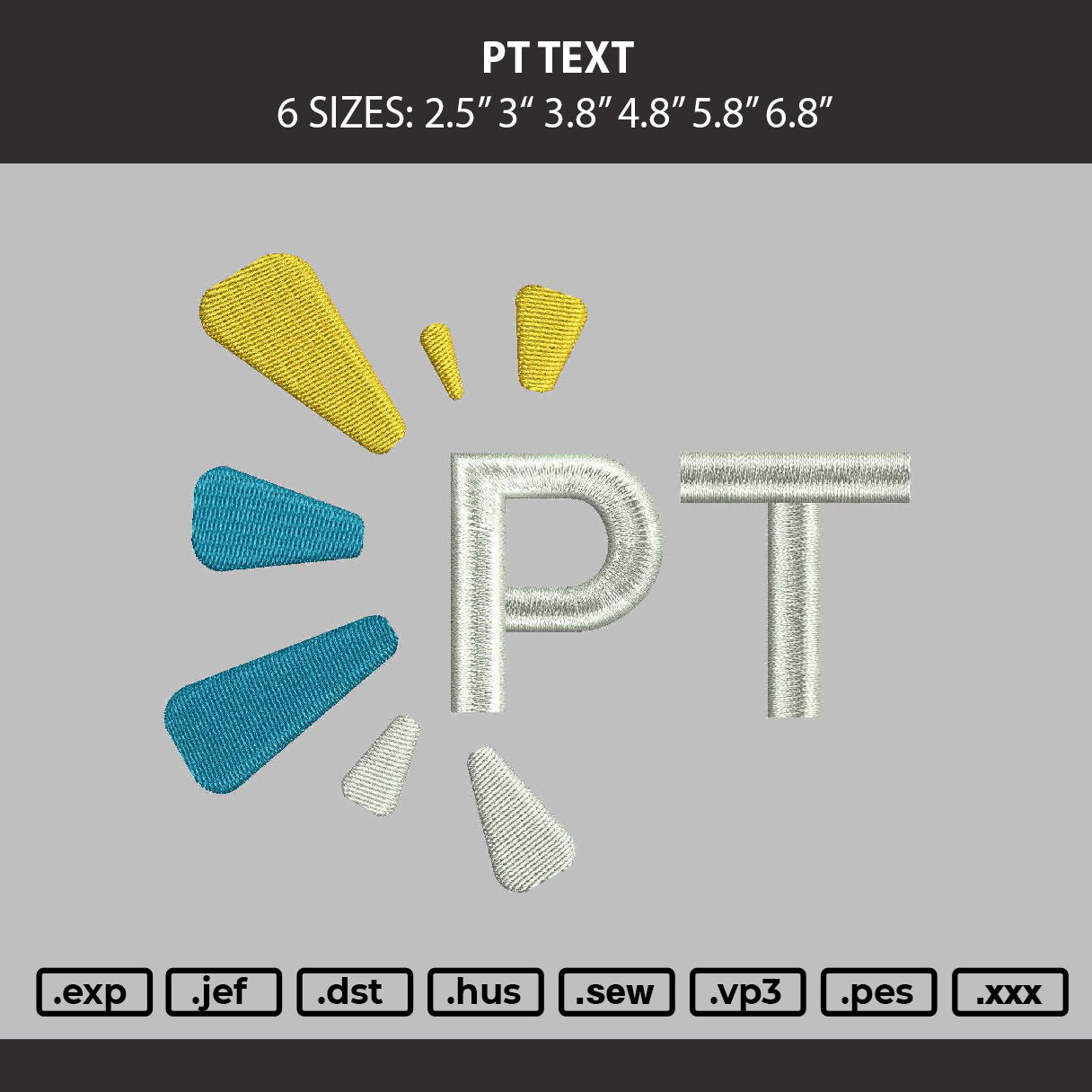 Pt Text Embroidery Machine Design File 6 sizes