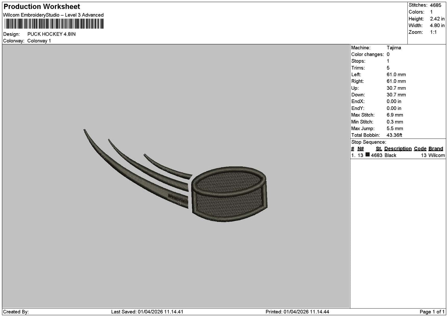 Puck Hockey Embroidery File 6 sizes