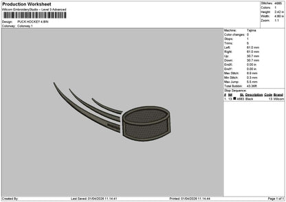 Puck Hockey Embroidery File 6 sizes