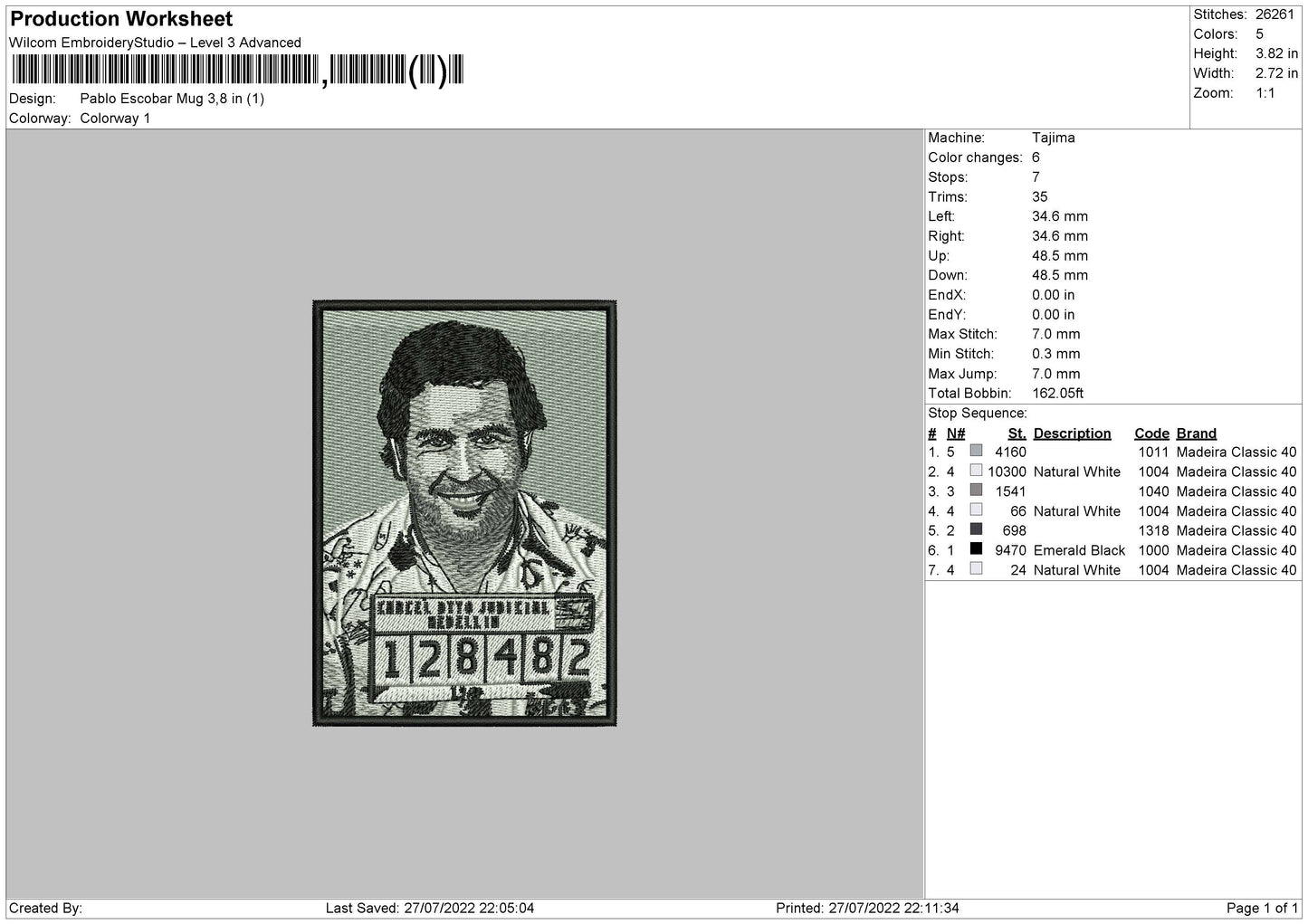 Pablo Escobar Mug Embroidery File 4 Sizes