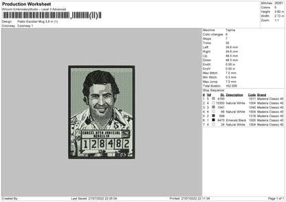 Pablo Escobar Mug Embroidery File 4 Sizes