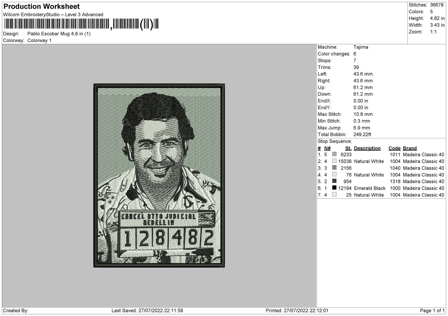 Pablo Escobar Mug Embroidery File 4 Sizes