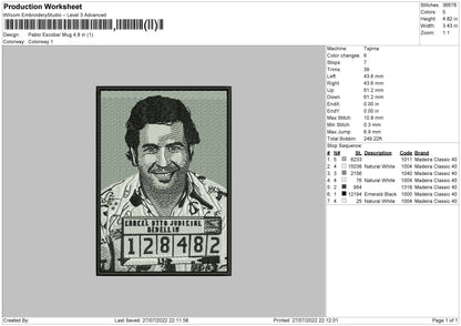Pablo Escobar Mug Embroidery File 4 Sizes