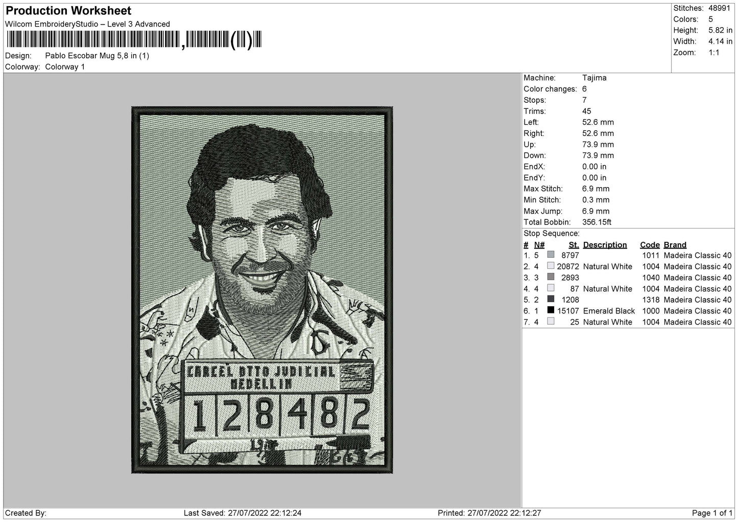 Pablo Escobar Mug Embroidery File 4 Sizes