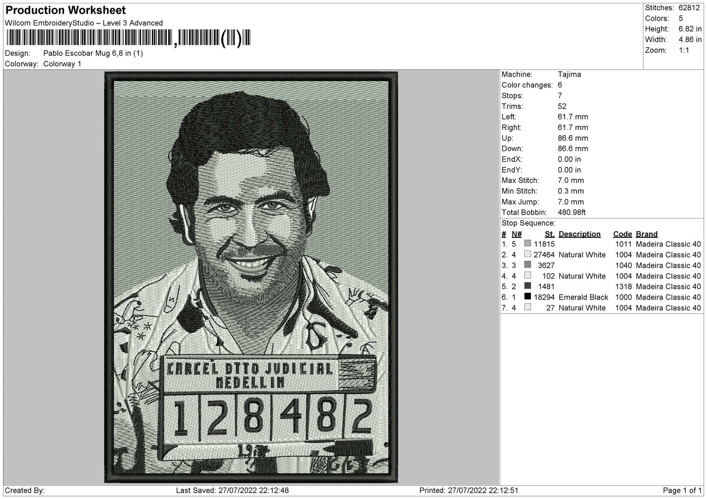 Pablo Escobar Mug Embroidery File 4 Sizes