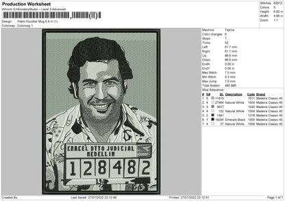 Pablo Escobar Mug Embroidery File 4 Sizes