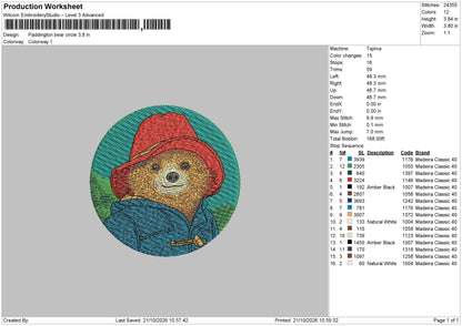 Paddington Bear Circle Embroidery Machine Design File 6 sizes