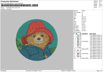 Paddington Bear Circle Embroidery Machine Design File 6 sizes