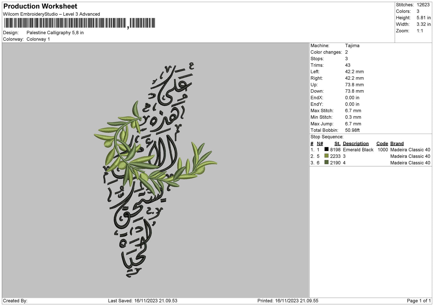 Calligraphy 1611 Palestine Embroidery Design File 6 sizes