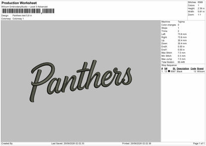 Panthers Text 2509 Embroidery Machine Design File 6 sizes