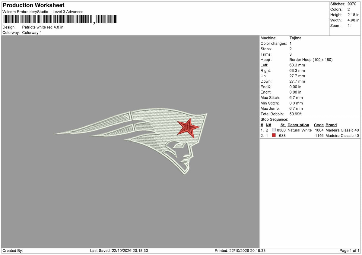 Patriots 2210 Embroidery Machine Design File 6 sizes