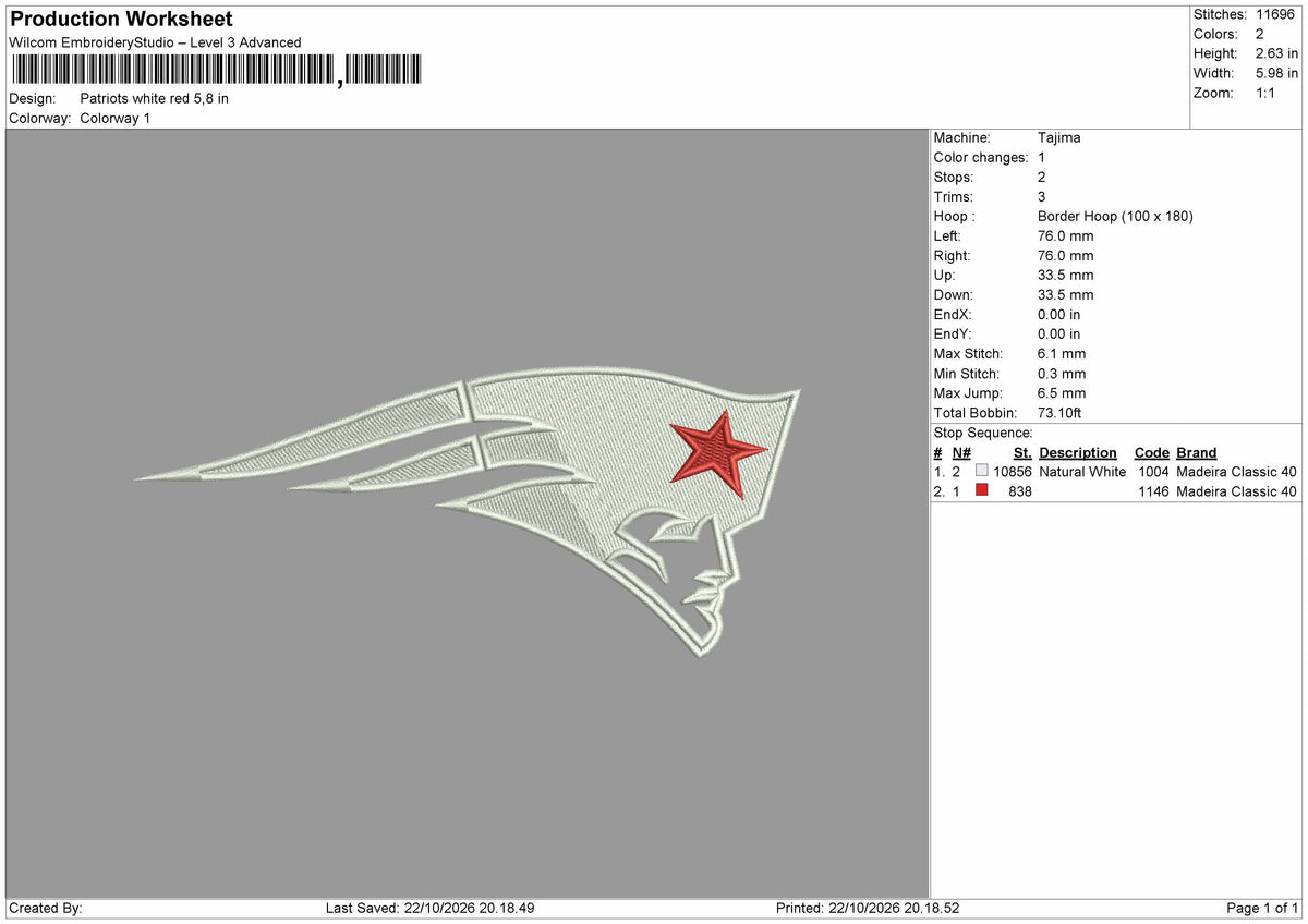 Patriots 2210 Embroidery Machine Design File 6 sizes