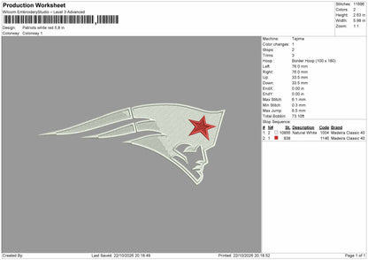Patriots 2210 Embroidery Machine Design File 6 sizes