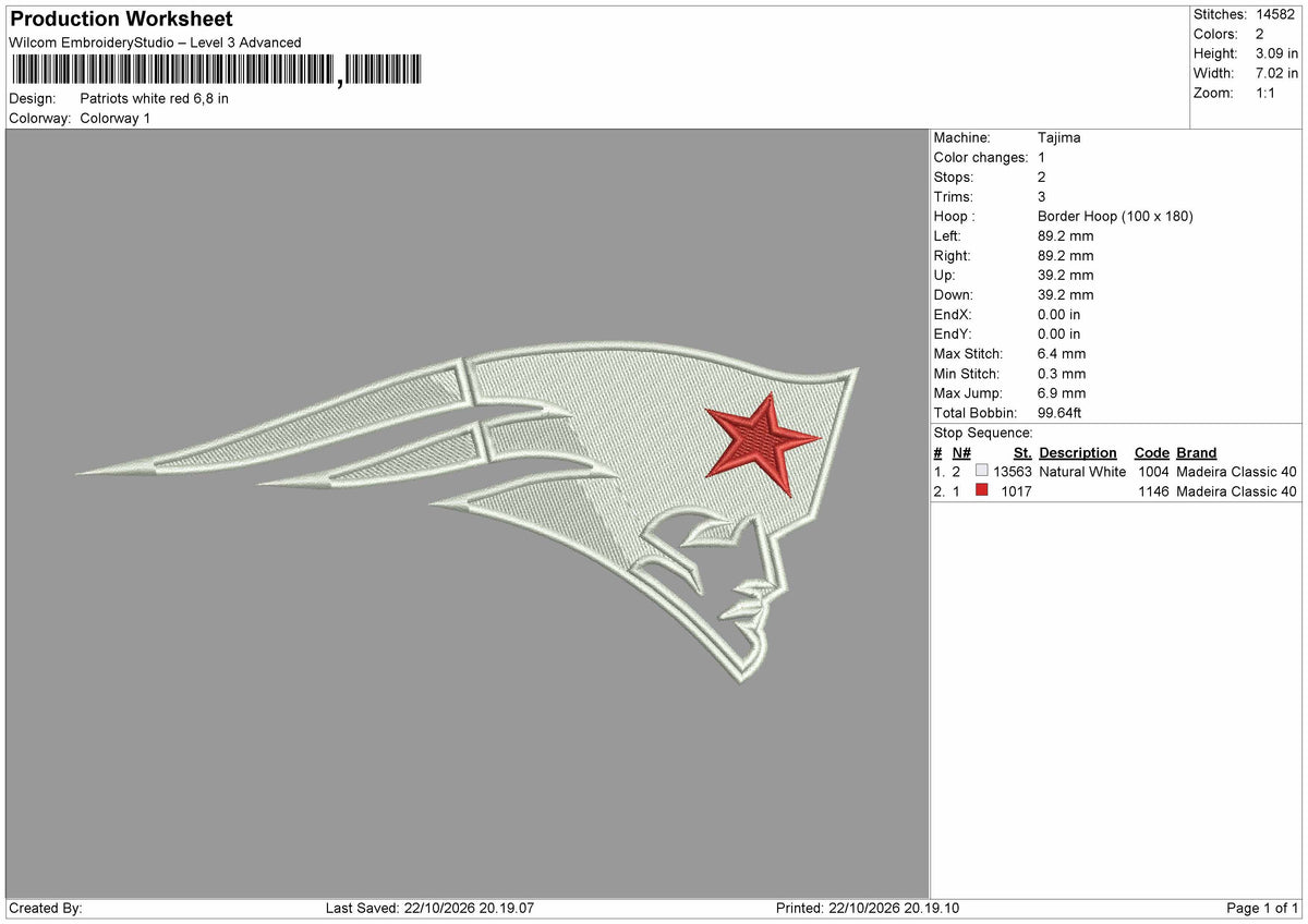 Patriots 2210 Embroidery Machine Design File 6 sizes