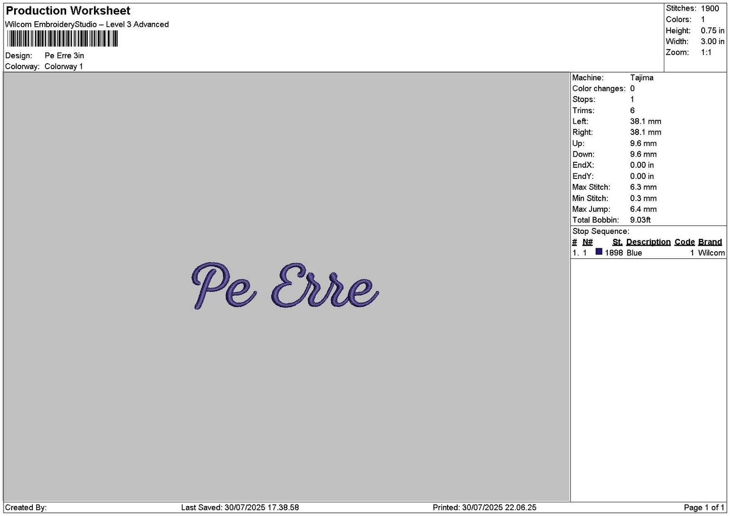 Pe Erre Text Embroidery File 6 sizes