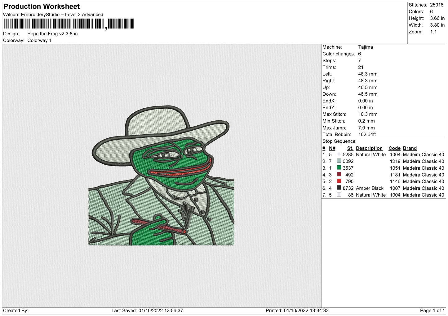 Pepe the Frog V2 Embroidery File 5 sizes