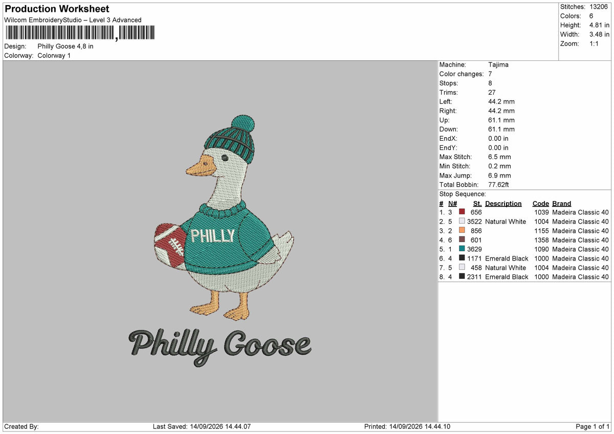 Duck 1409 Philly Embroidery Machine Design File 6 sizes